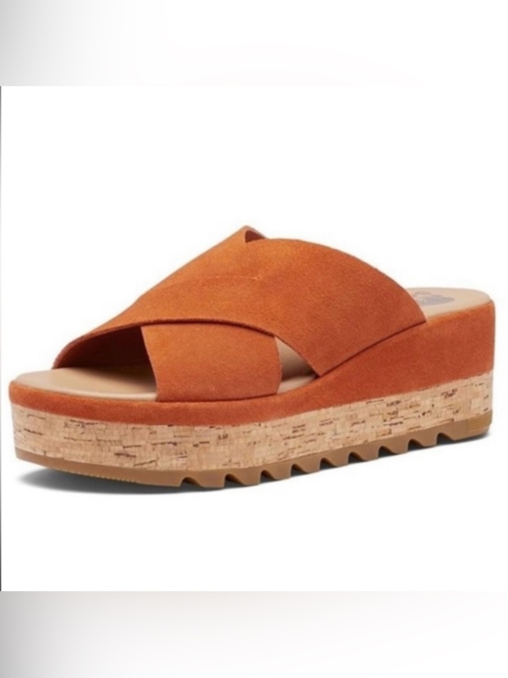 Sorel Cameron Orange Suede Cork-Platform Crossband Slide.Size 10